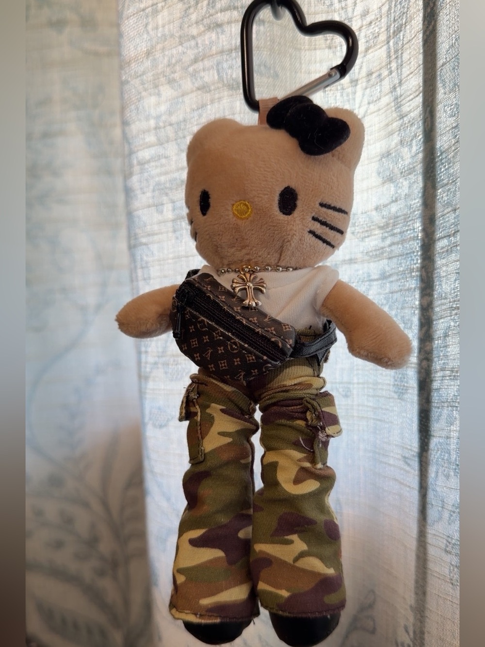 Hello Kitty Tan Plush Keychain with Black Bow and Camo Pants - Picture 2 of 4